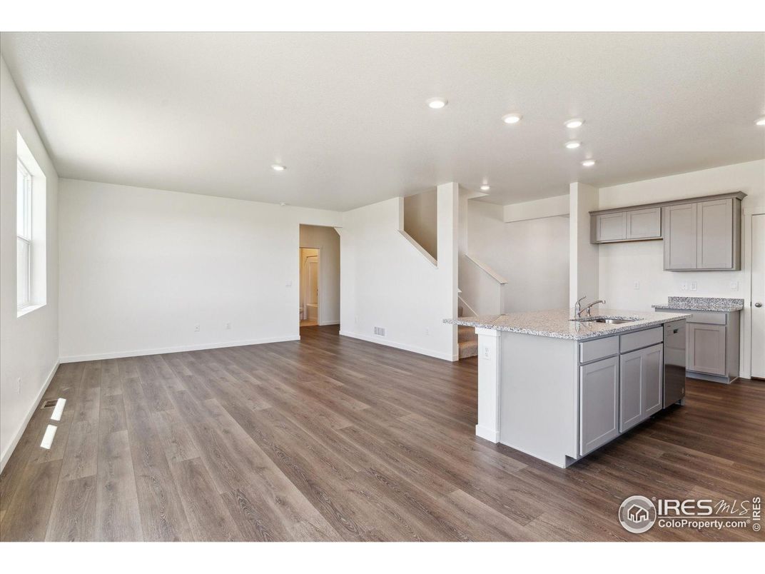 Empty room, Interior, Kitchen, Recessed Lighting, Wood Texture Flooring