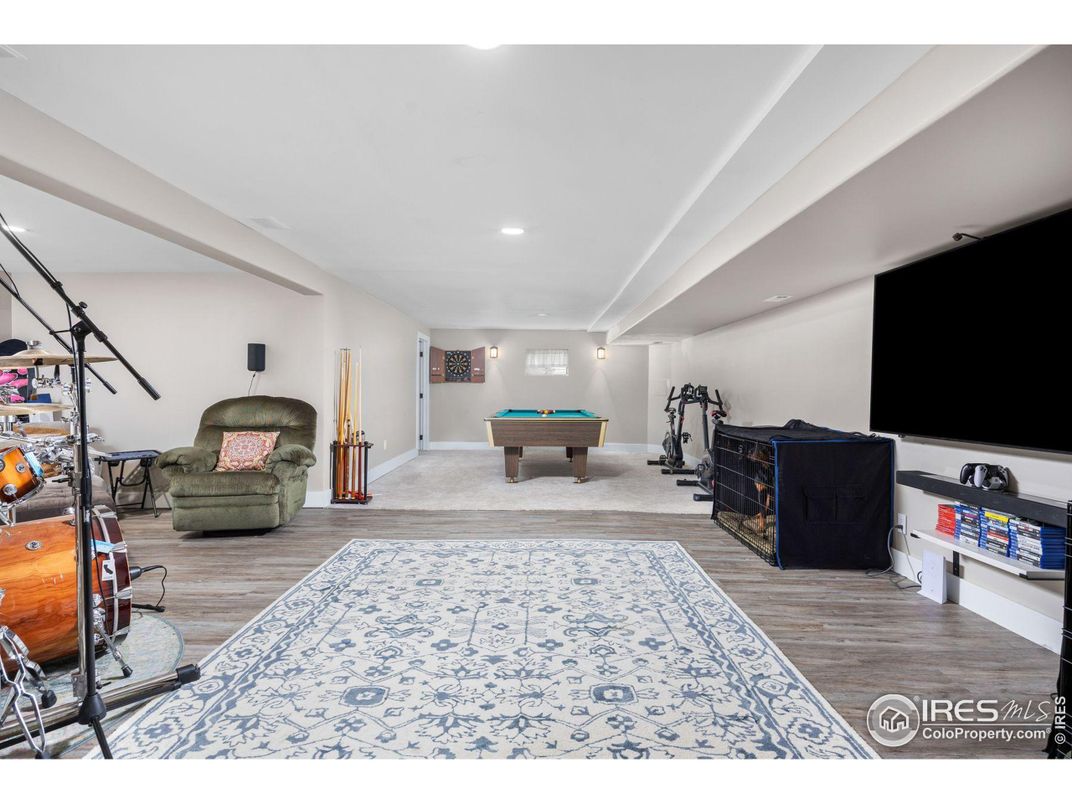 Billiard Table, Fireplace, Game Room, Interior, Recessed Lighting, Wood Texture Flooring