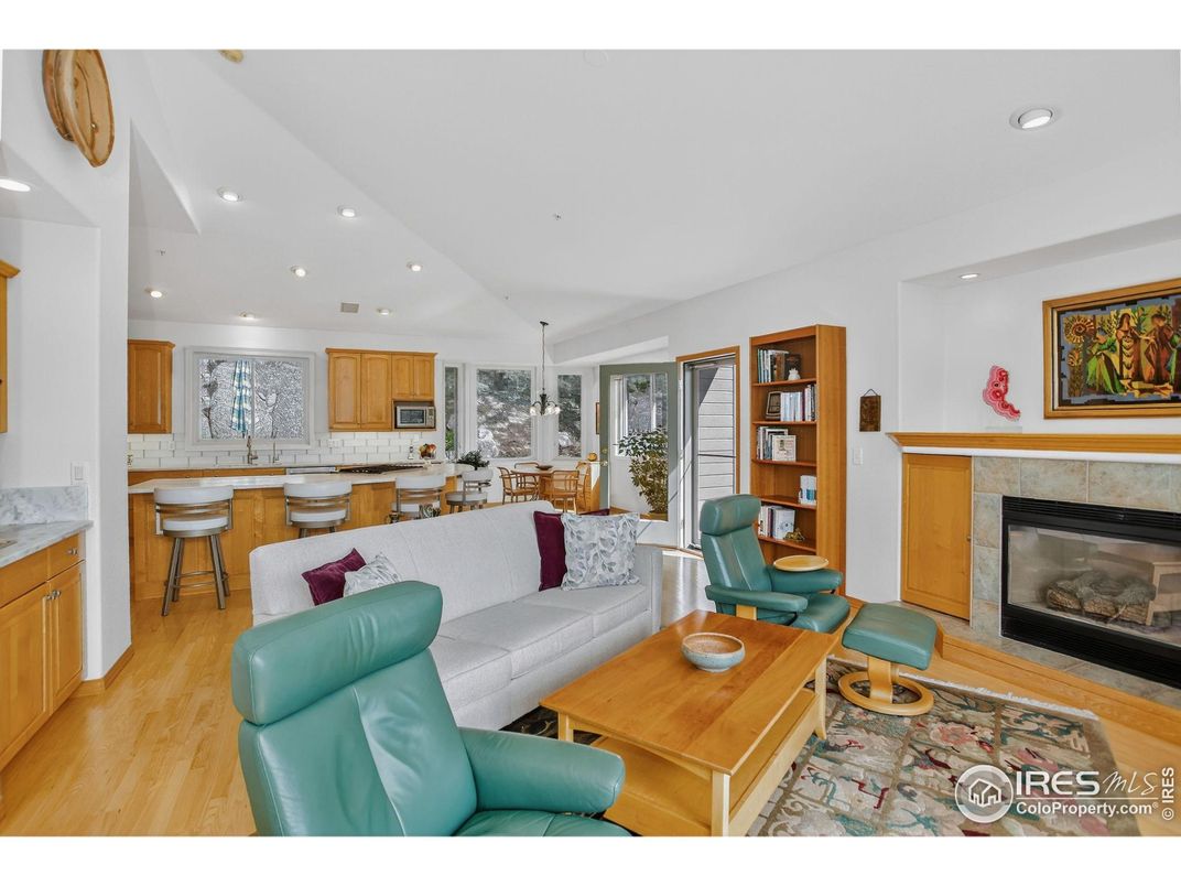 Dining room, Fireplace, Interior, Kitchen, Living room, Pendant Lights, Recessed Lighting, Wood Texture Flooring
