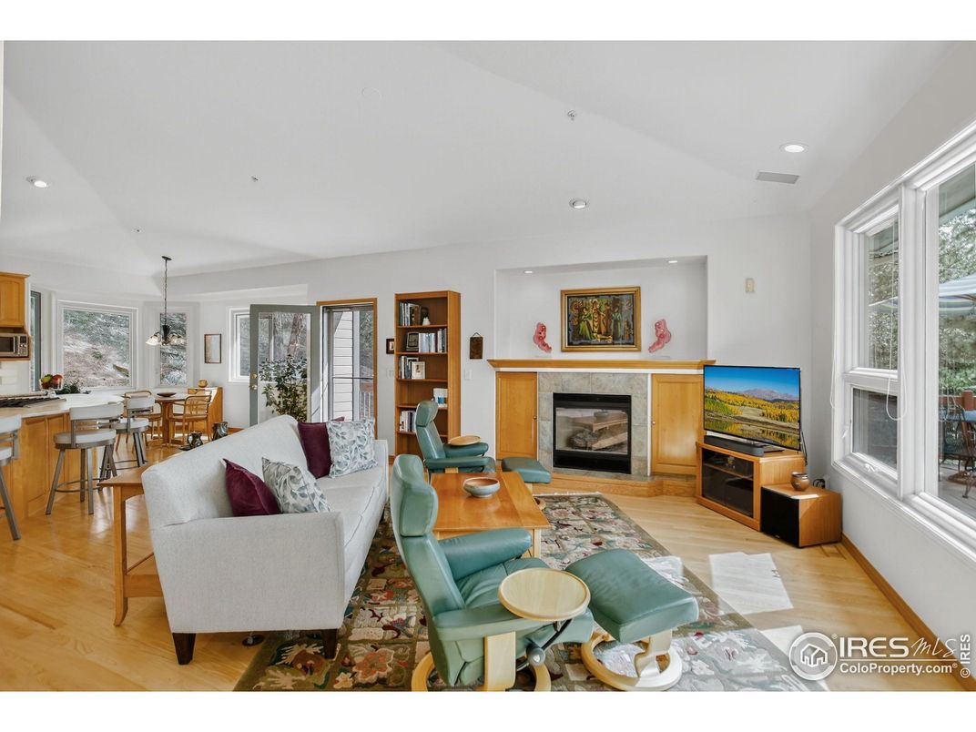 Dining room, Fireplace, Interior, Living room, Pendant Lights, Recessed Lighting, Wood Texture Flooring
