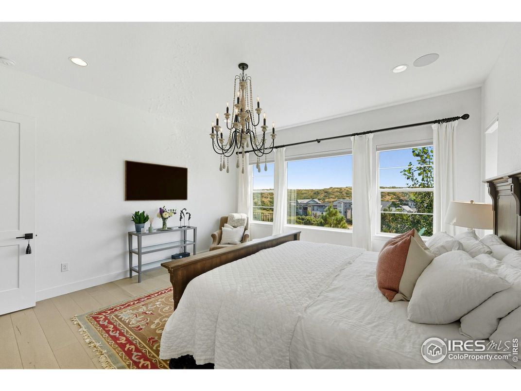 Bedroom, Chandelier, Interior, Recessed Lighting, Wood Texture Flooring