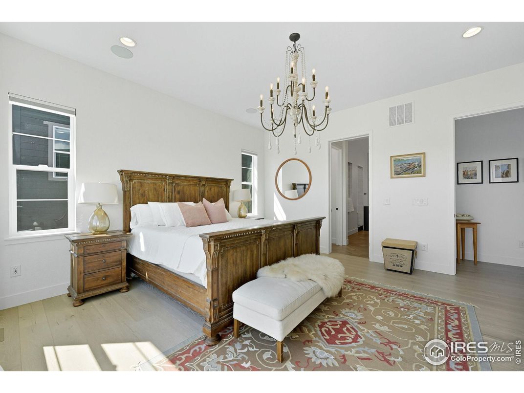 Bedroom, Chandelier, Interior, Recessed Lighting, Wood Texture Flooring
