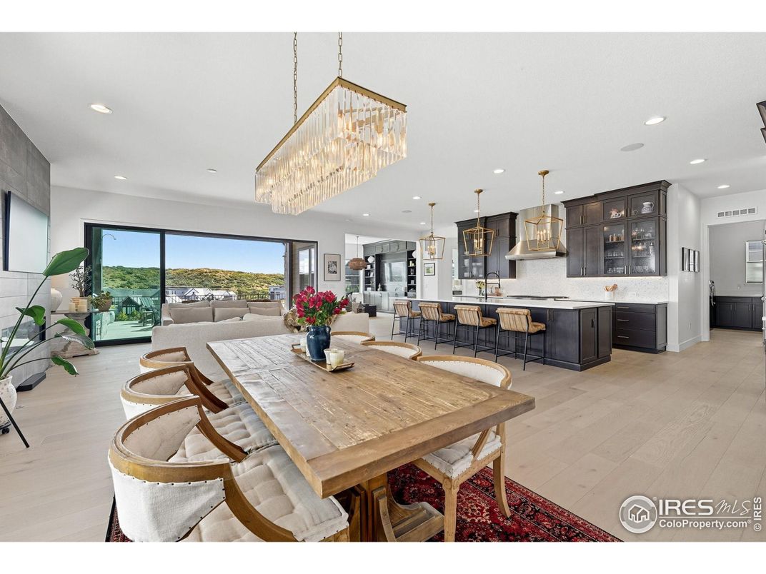 Chandelier, Dining room, Interior, Kitchen, Living room, Pendant Lights, Recessed Lighting, Wood Texture Flooring