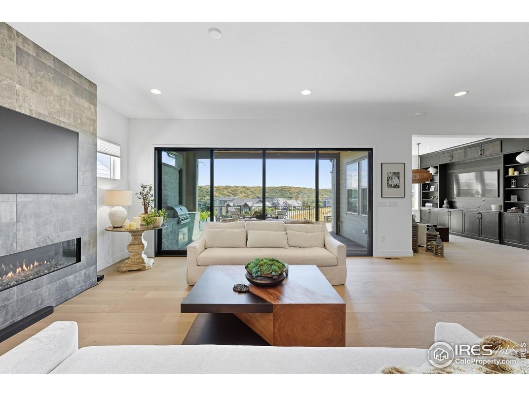 Fireplace, Interior, Living room, Recessed Lighting, Wood Texture Flooring