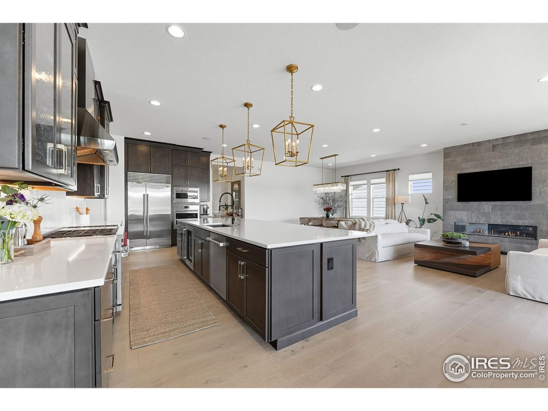 Fireplace, Interior, Kitchen, Living room, Pendant Lights, Recessed Lighting, Stainless Steel Appliances, Stone Walls, Wood Texture Flooring