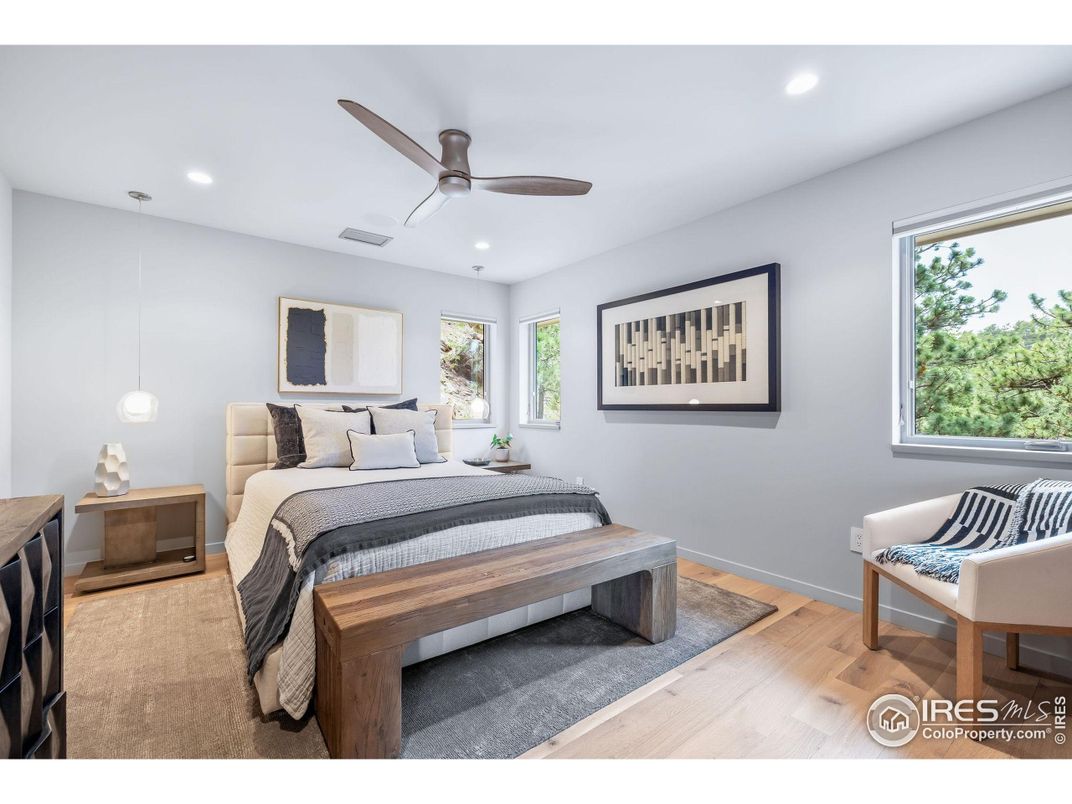 Bedroom, Interior, Pendant Lights, Recessed Lighting, Wood Texture Flooring