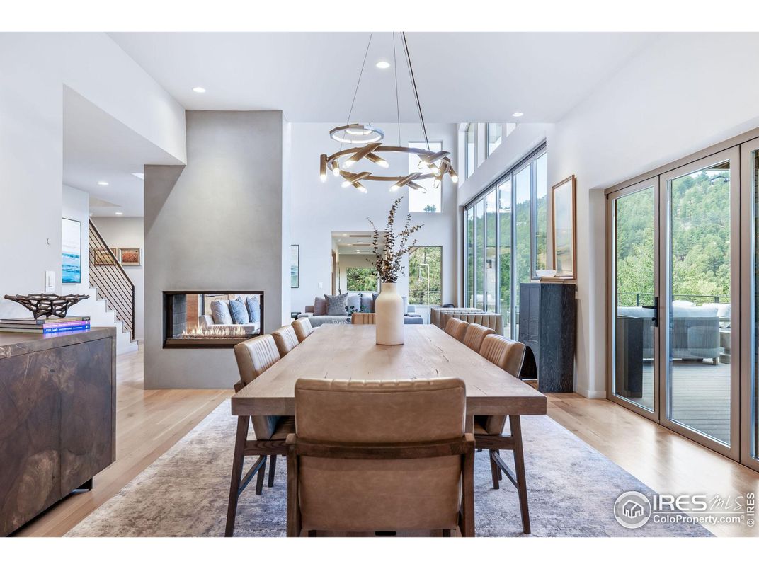 Dining room, Fireplace, Interior, Pendant Lights, Recessed Lighting, Wood Texture Flooring