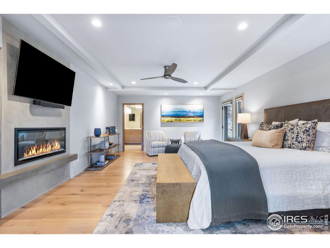 Bedroom, Fireplace, Interior, Living room, Recessed Lighting, Wood Texture Flooring