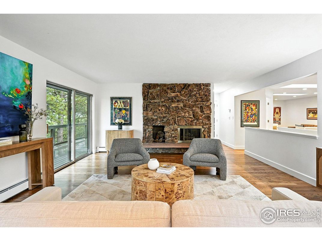 Fireplace, Interior, Living room, Recessed Lighting, Stone Walls, Wood Texture Flooring