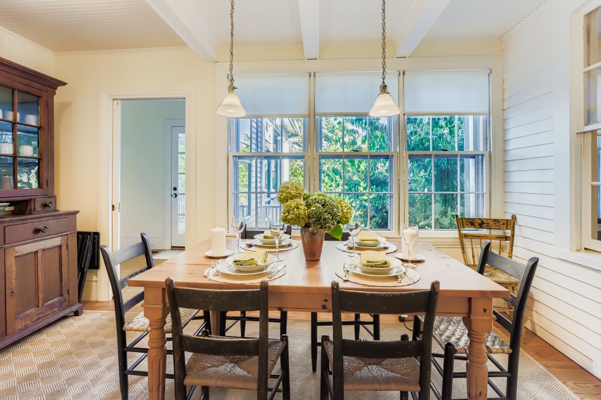 Dining room, Interior, Pendant Lights, Wood Texture Flooring