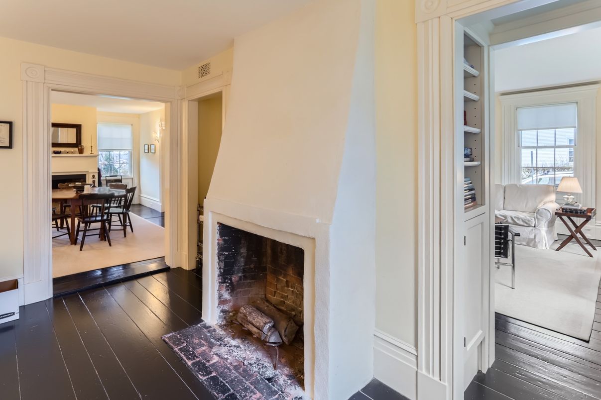 Dining room, Fireplace, Interior, Wood Texture Flooring