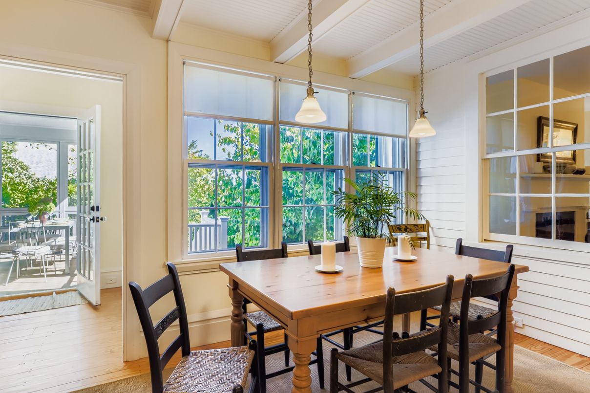 Dining room, Interior, Pendant Lights, Wood Texture Flooring