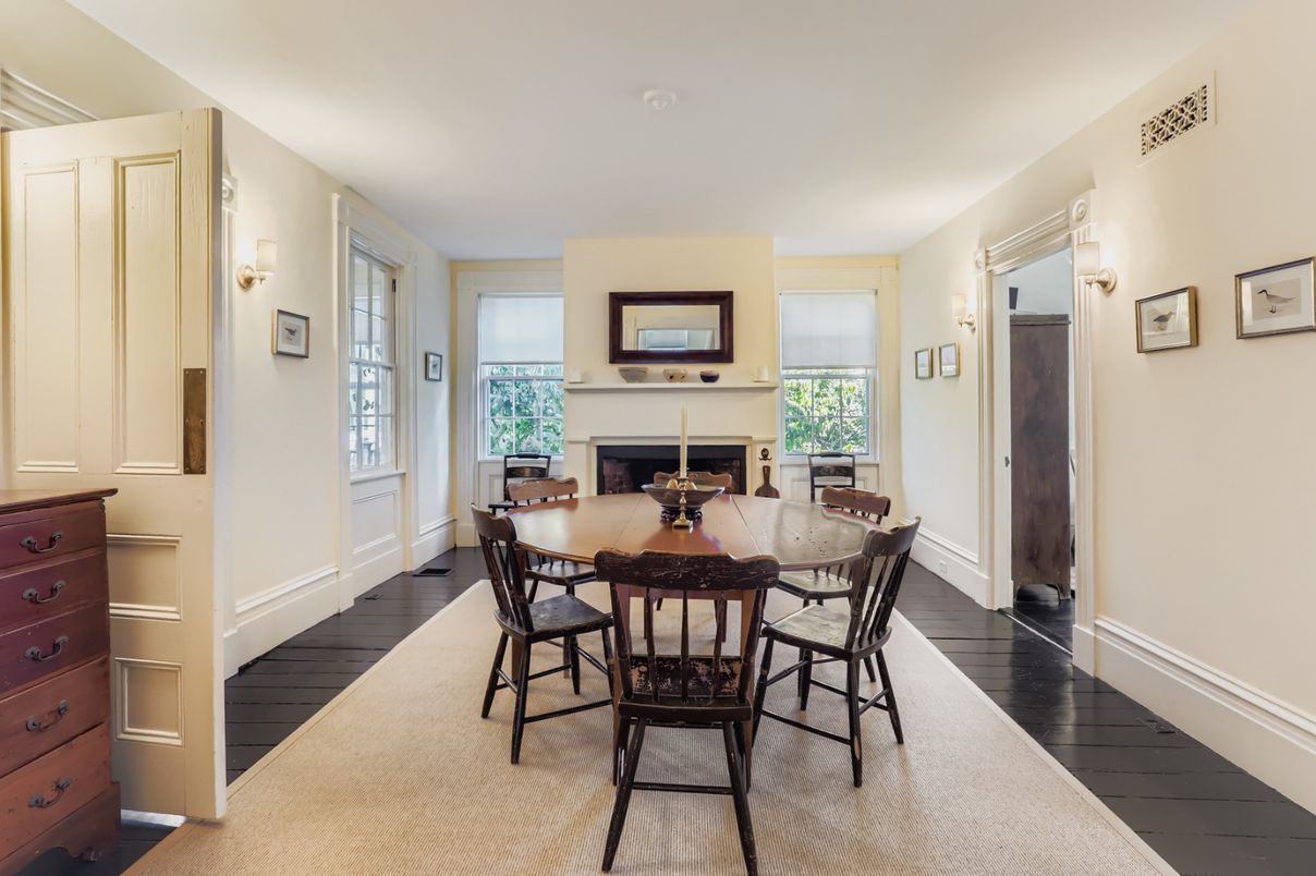 Dining room, Fireplace, Interior, Wood Texture Flooring