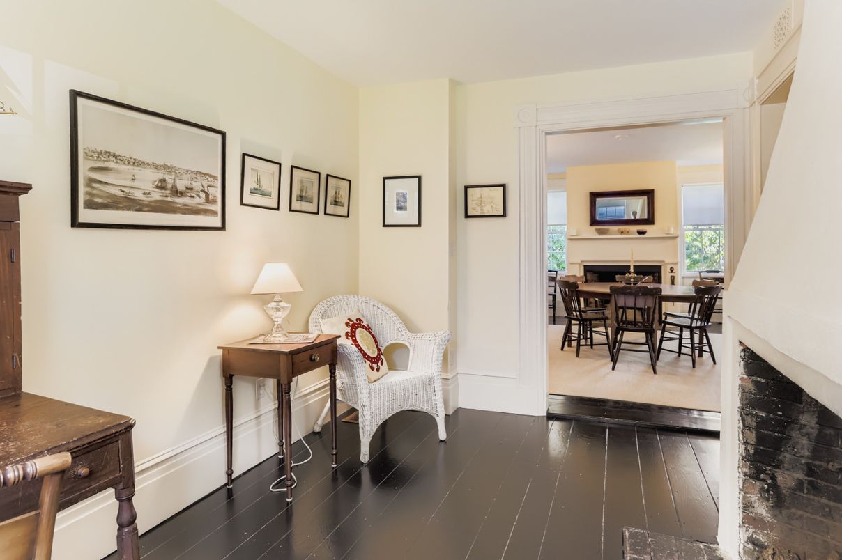 Dining room, Fireplace, Interior, Wood Texture Flooring