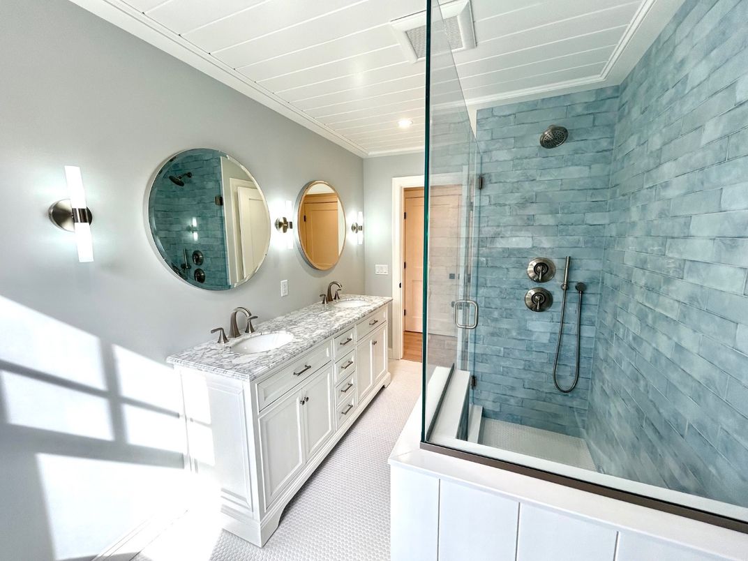 Bathroom, Dual Sink Vanities, Glass Shower, Interior, Recessed Lighting