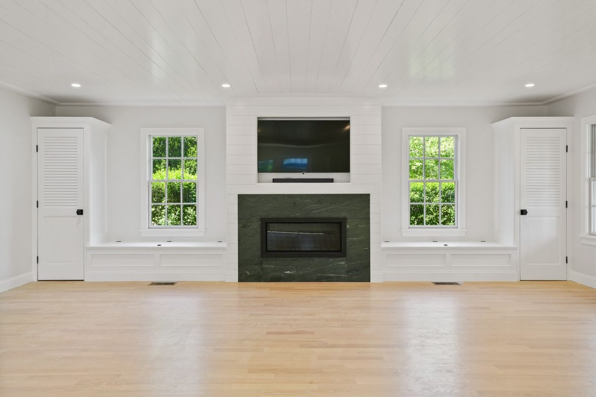 Empty room, Fireplace, Interior, Recessed Lighting, Wood Texture Flooring