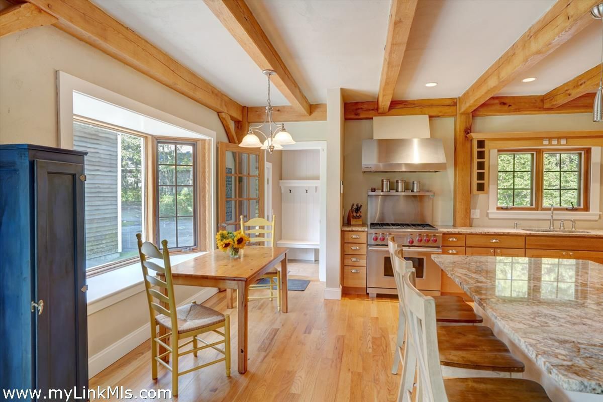 Dining room, Interior, Kitchen, Pendant Lights, Recessed Lighting, Stainless Steel Appliances, Wooden Beams, Wood Texture Flooring