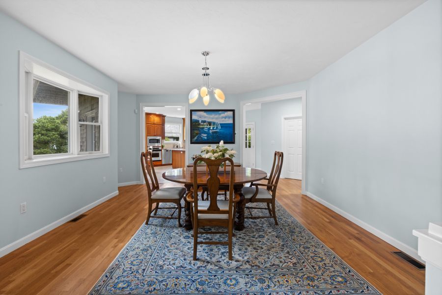 Dining room, Interior, Kitchen, Pendant Lights, Stainless Steel Appliances, Wood Texture Flooring