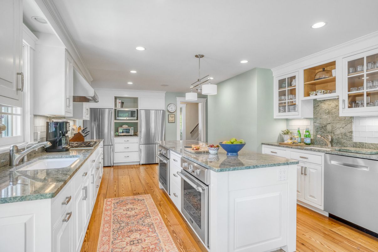 Interior, Kitchen, Pendant Lights, Recessed Lighting, Stainless Steel Appliances, Wood Texture Flooring