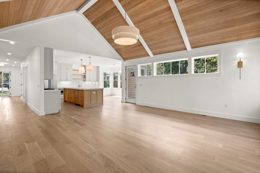 Empty room, Interior, Kitchen, Pendant Lights, Recessed Lighting, Wooden Ceilings, Wood Texture Flooring