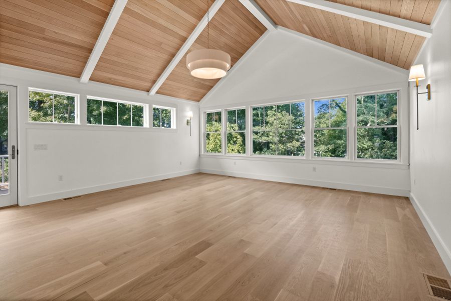 Empty room, Interior, Pendant Lights, Wooden Ceilings, Wood Texture Flooring