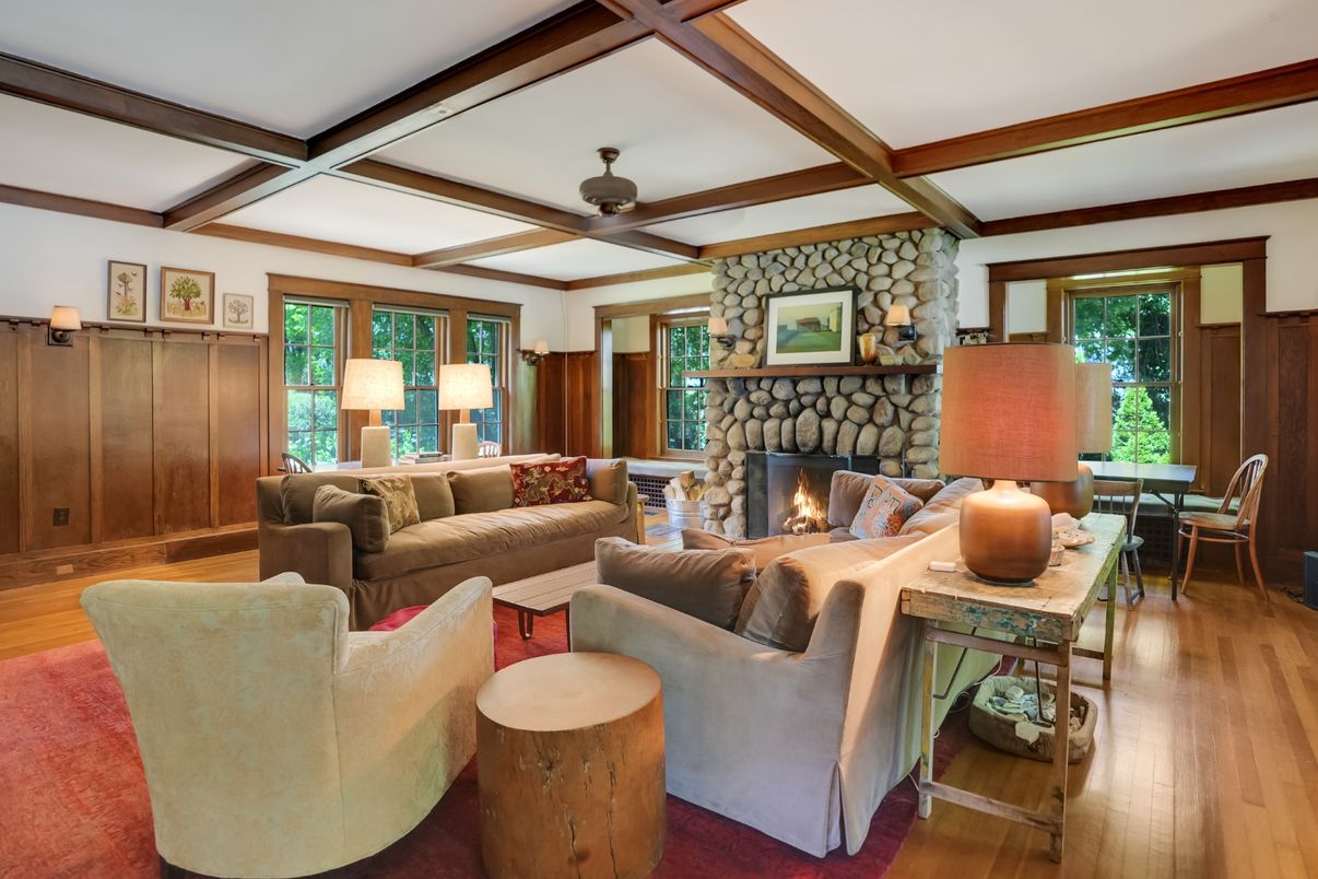 Dining room, Fireplace, Interior, Living room, Stone Walls, Wooden Beams, Wood Texture Flooring