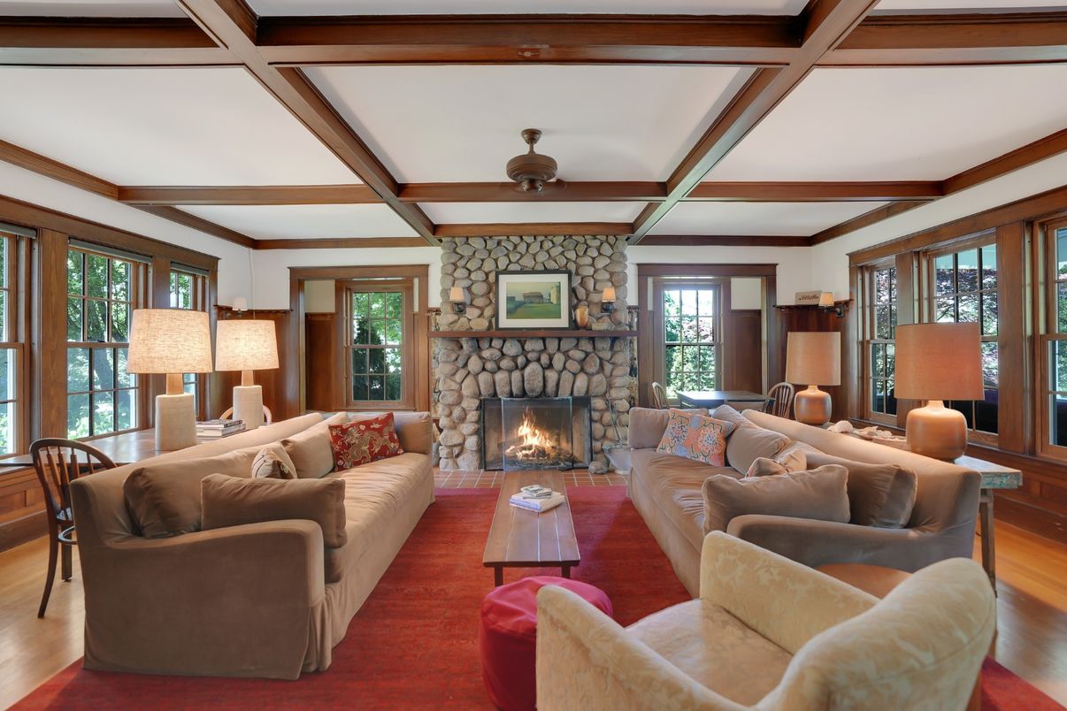Fireplace, Interior, Living room, Stone Walls, Wooden Beams, Wood Texture Flooring