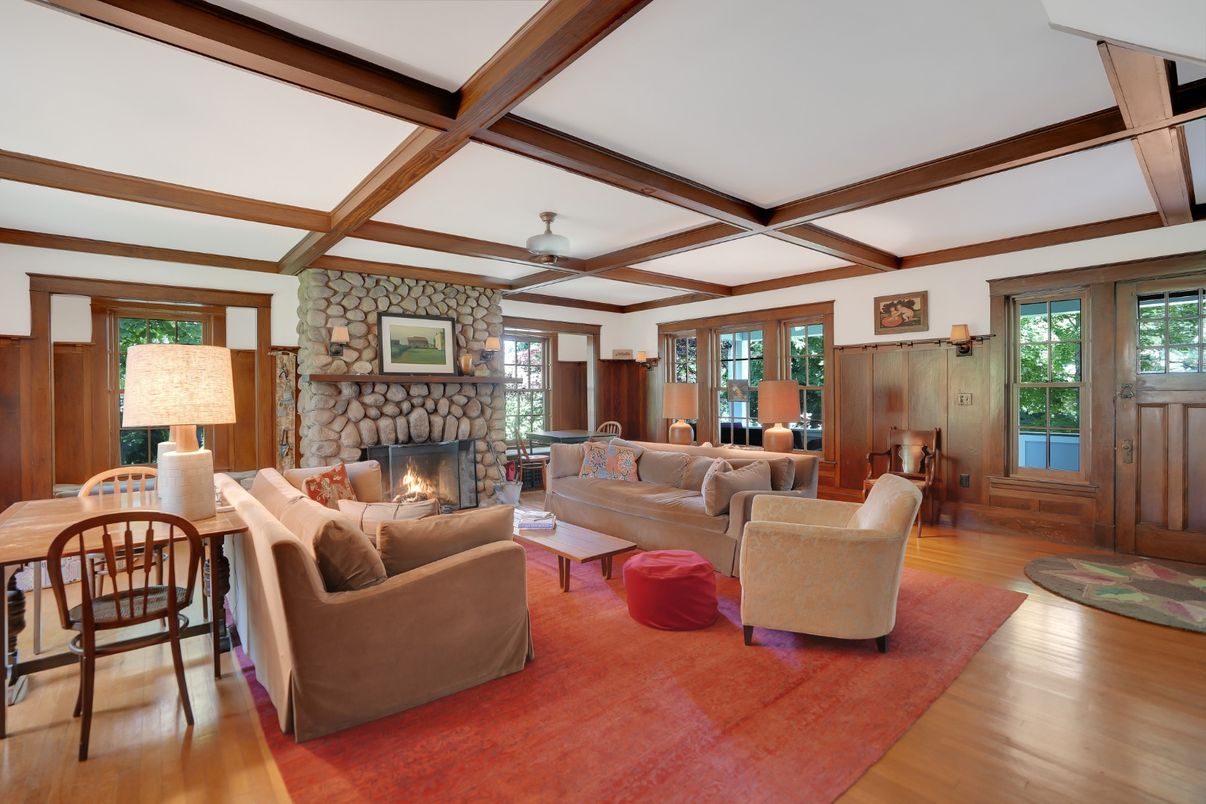 Fireplace, Interior, Living room, Stone Walls, Wooden Beams, Wood Texture Flooring, Wooden Walls