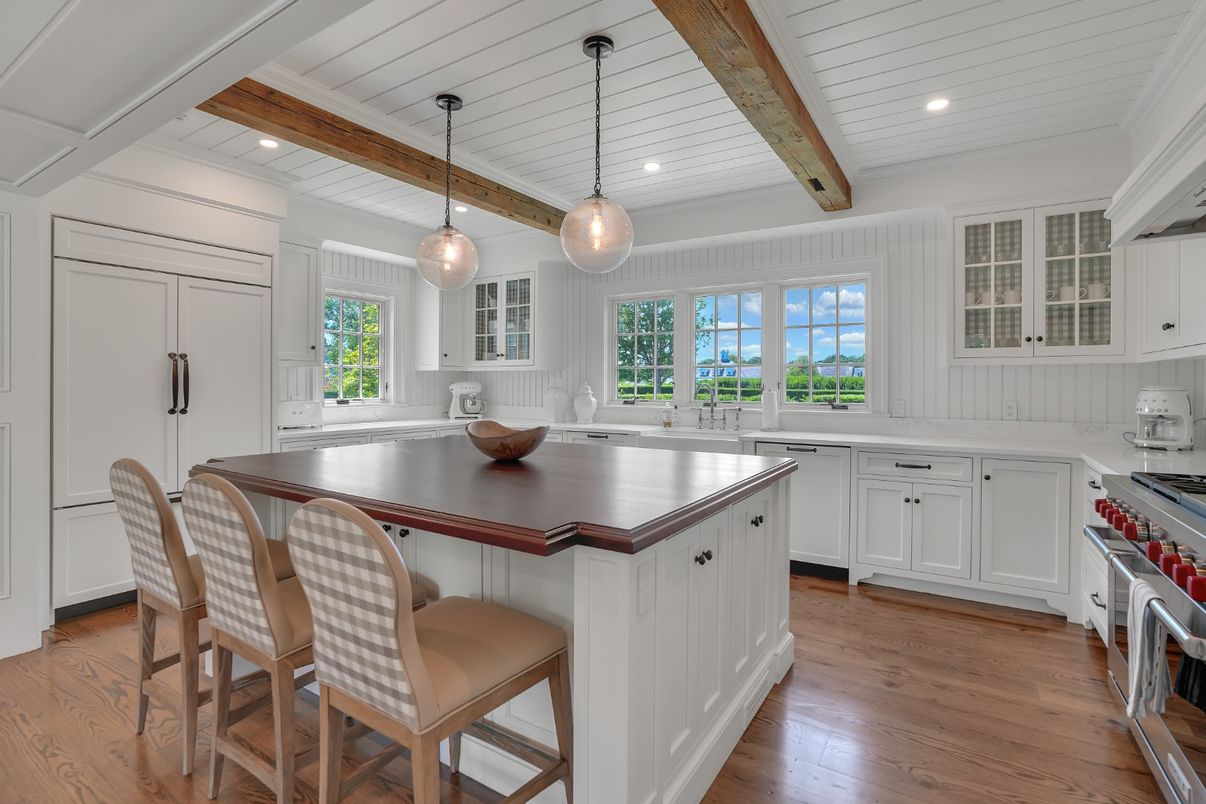 Interior, Kitchen, Pendant Lights, Recessed Lighting, Stainless Steel Appliances, Wooden Beams, Wood Texture Flooring