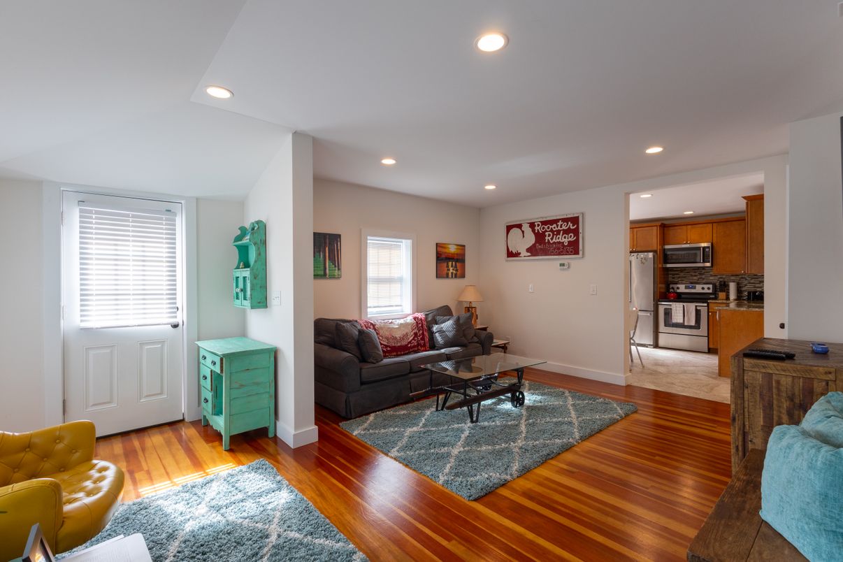 Interior, Kitchen, Living room, Recessed Lighting, Stainless Steel Appliances, Wood Texture Flooring