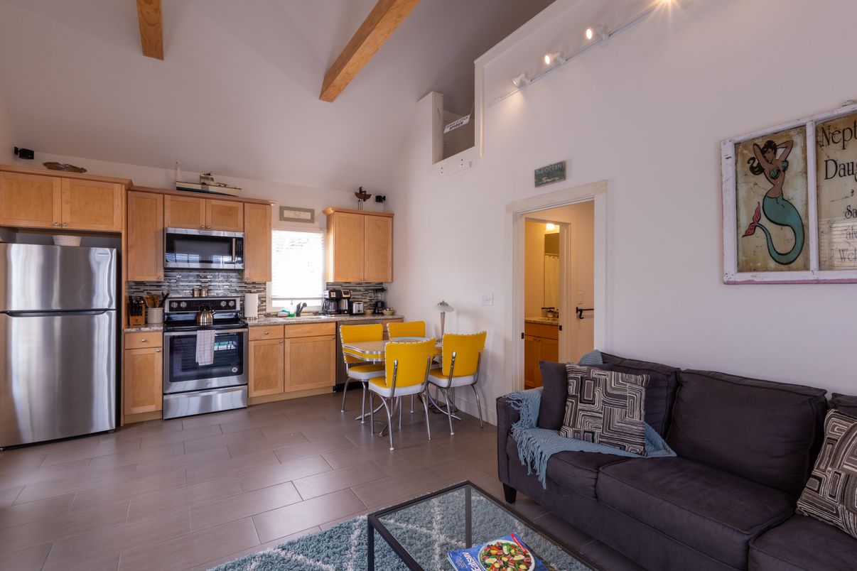 Interior, Kitchen, Living room, Stainless Steel Appliances, Wooden Beams, Wood Texture Flooring