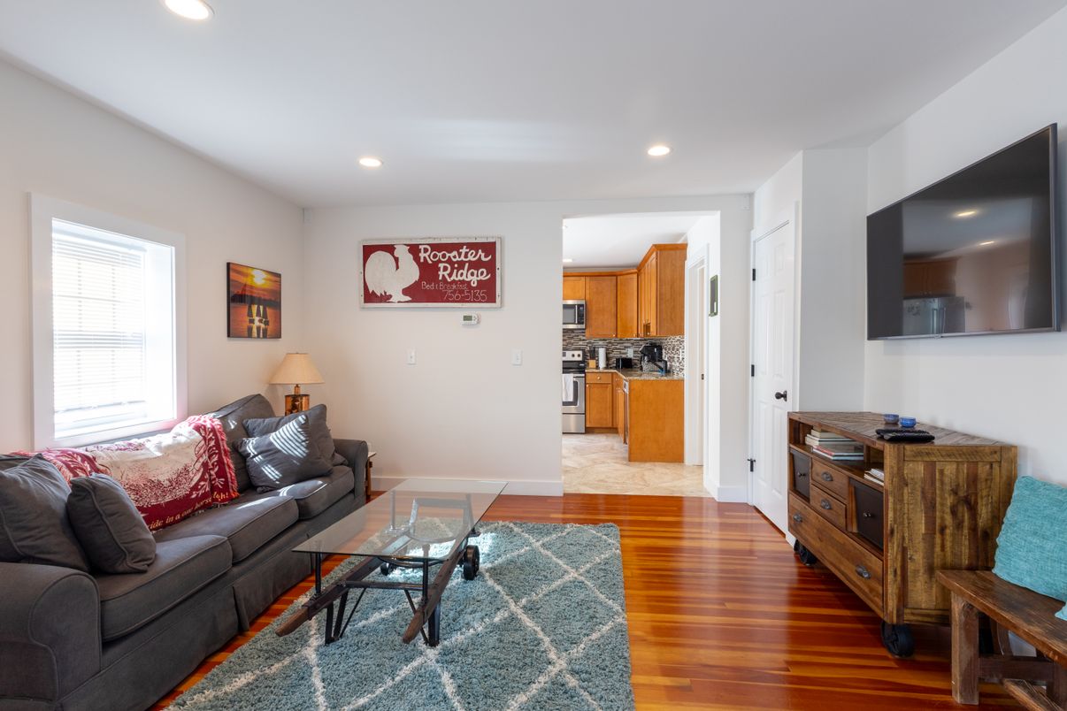 Interior, Kitchen, Living room, Recessed Lighting, Stainless Steel Appliances, Wood Texture Flooring