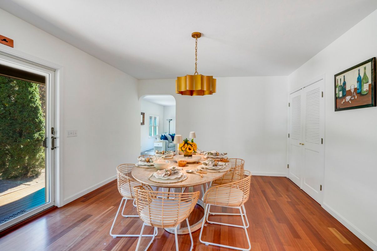 Dining room, Interior, Pendant Lights, Wood Texture Flooring