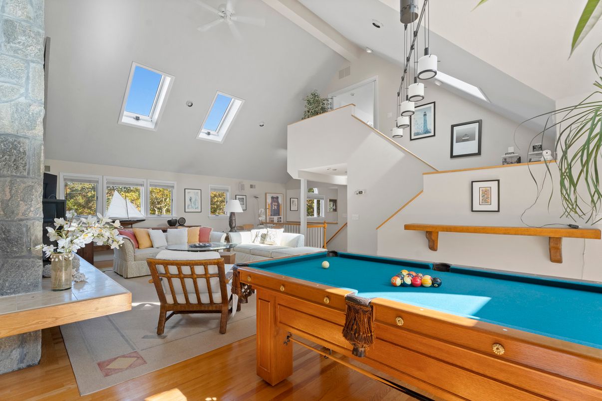Billiard Table, Game Room, Interior, Living room, Pendant Lights, Wood Texture Flooring