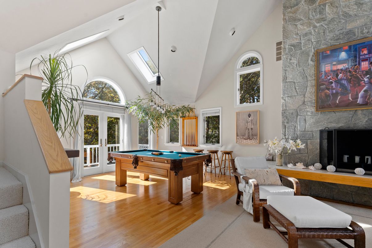 Billiard Table, Fireplace, Game Room, Interior, Pendant Lights, Wood Texture Flooring