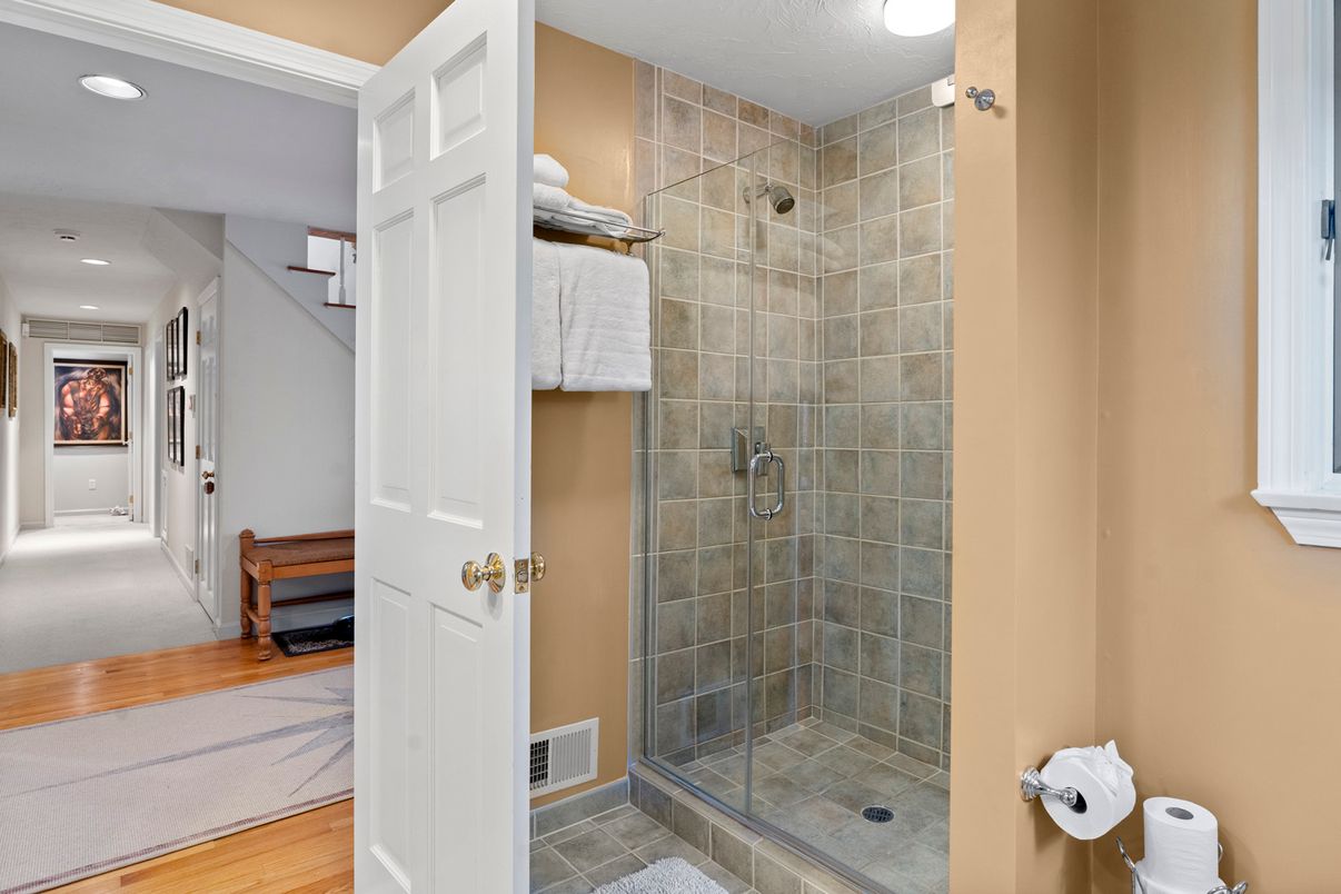 Bathroom, Glass Shower, Interior, Recessed Lighting, Wood Texture Flooring