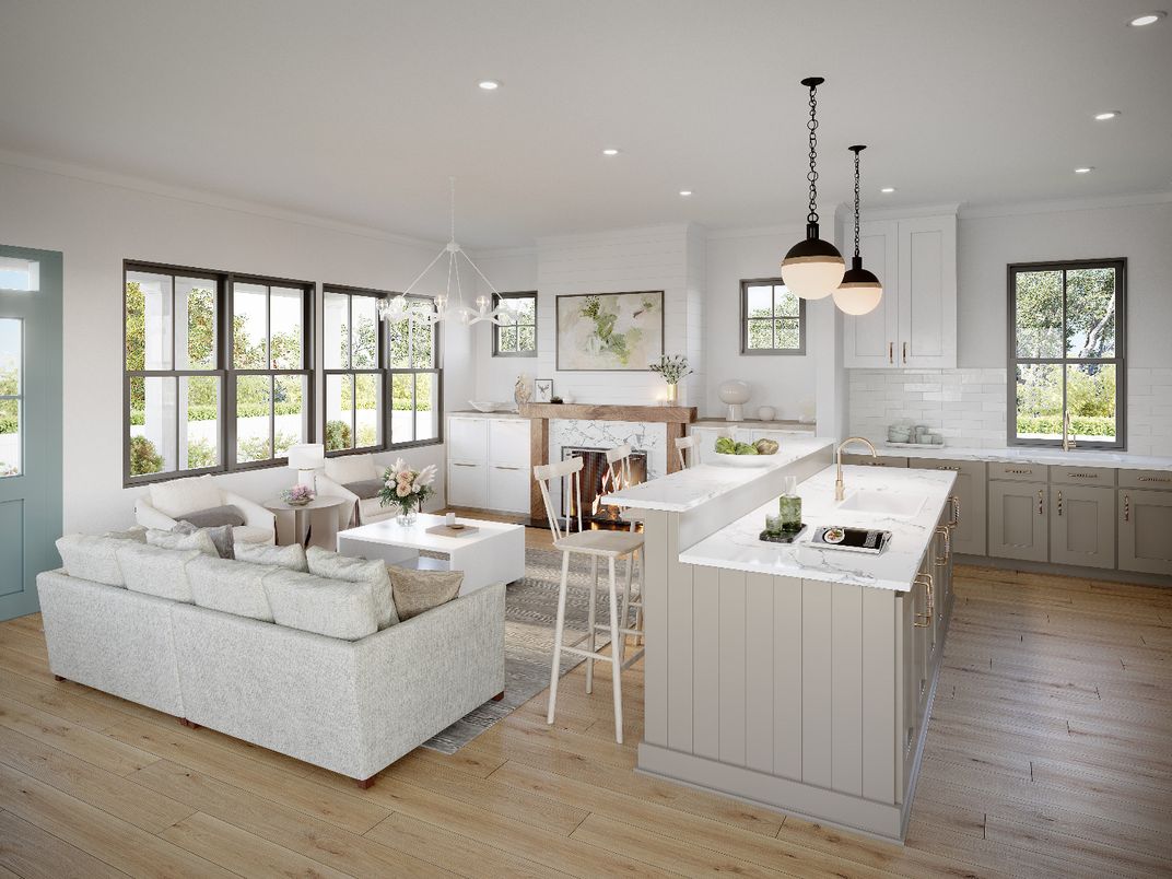 Fireplace, Interior, Kitchen, Living room, Pendant Lights, Recessed Lighting, Wood Texture Flooring