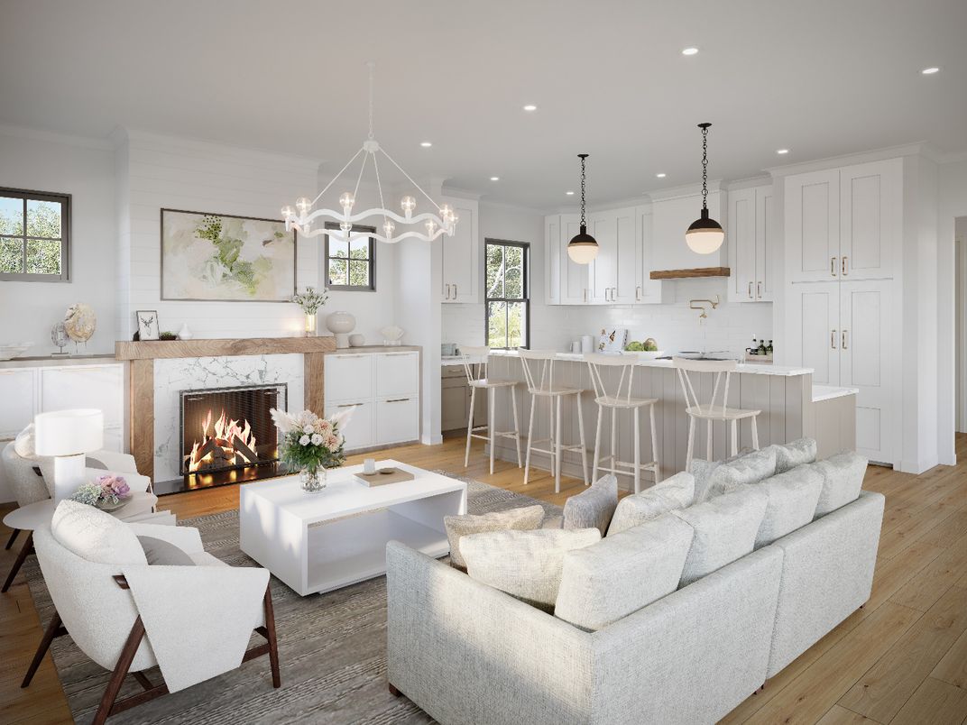 Fireplace, Interior, Kitchen, Living room, Pendant Lights, Recessed Lighting, Wood Texture Flooring