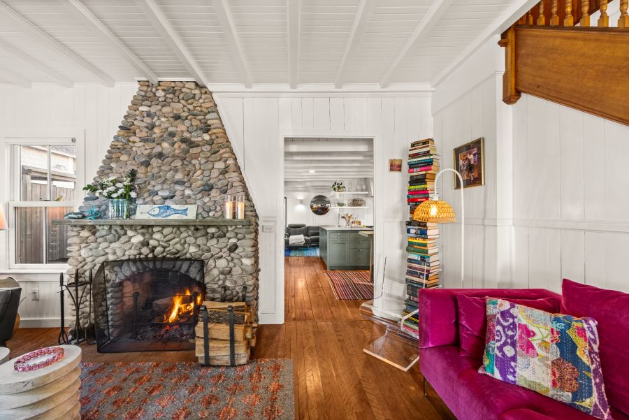 Fireplace, Interior, Living room, Pendant Lights, Stone Walls, Wood Texture Flooring