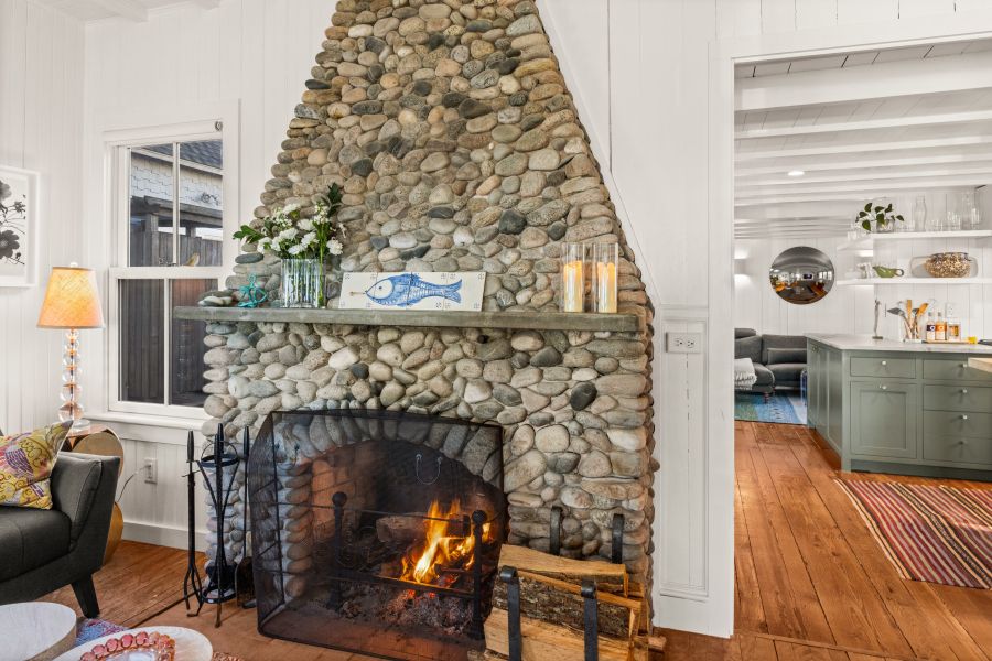 Fireplace, Interior, Recessed Lighting, Stone Walls, Wood Texture Flooring