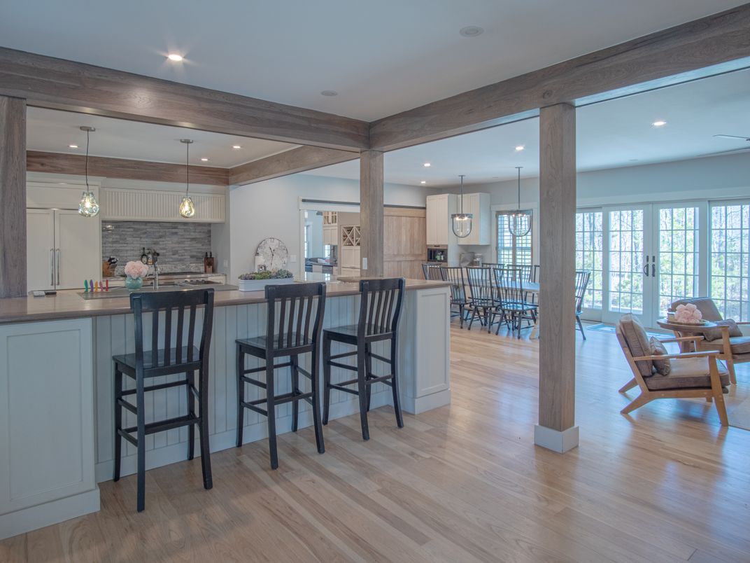 Interior, Kitchen, Pendant Lights, Recessed Lighting, Stone Walls, Wooden Beams, Wood Texture Flooring
