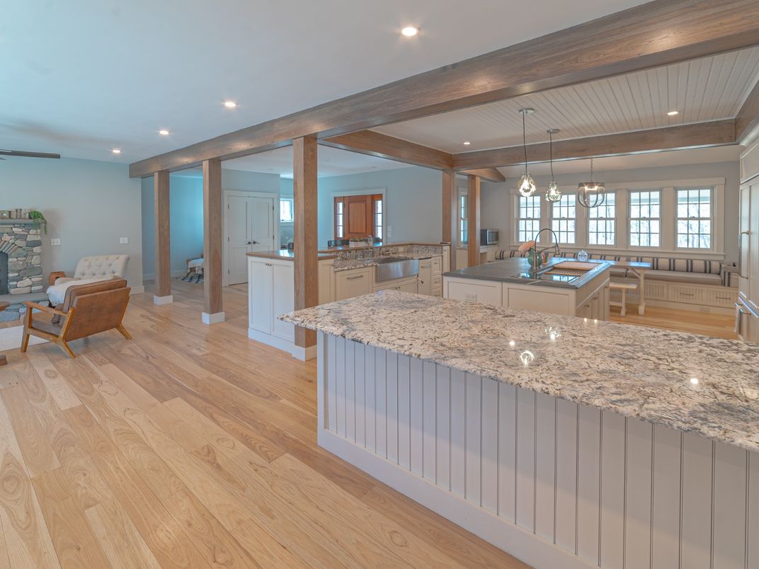 Interior, Kitchen, Pendant Lights, Recessed Lighting, Wooden Beams, Wood Texture Flooring