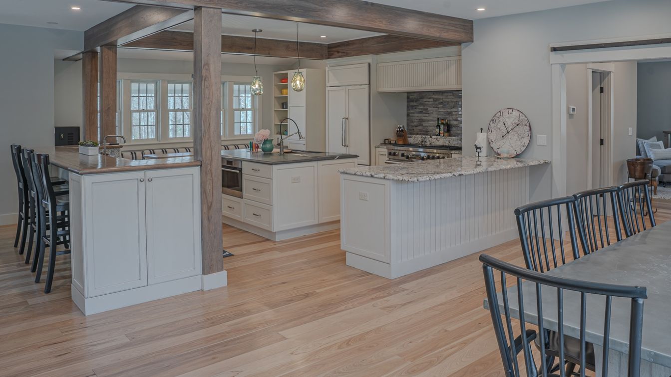 Fireplace, Interior, Kitchen, Pendant Lights, Recessed Lighting, Stone Walls, Wooden Beams, Wood Texture Flooring