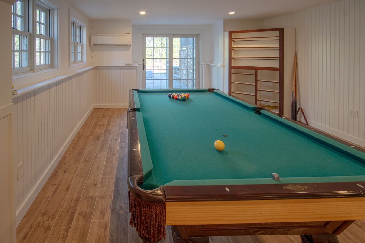Billiard Table, Game Room, Interior, Recessed Lighting, Wood Texture Flooring