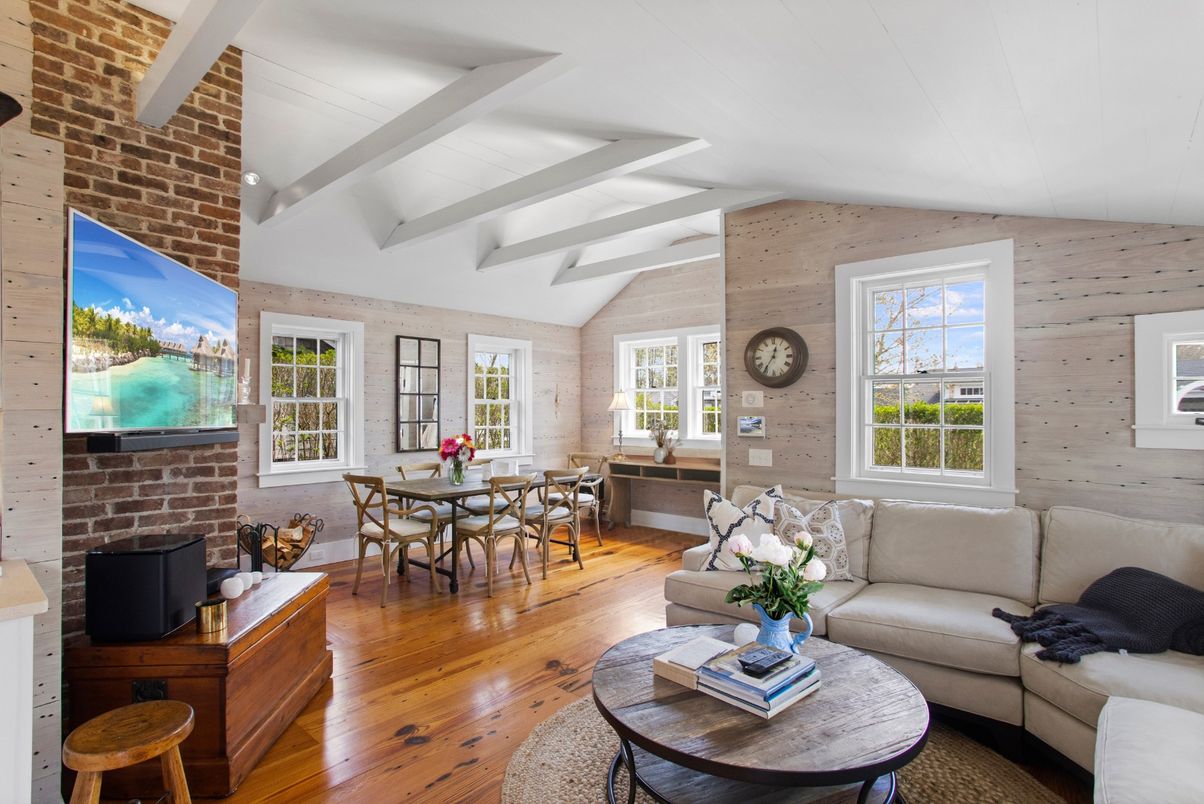 Dining room, Fireplace, Interior, Living room, Stone Walls, Wood Texture Flooring, Wooden Walls