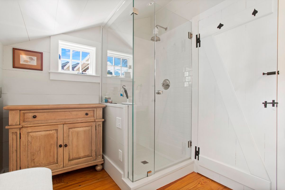 Bathroom, Glass Shower, Interior, Wood Texture Flooring