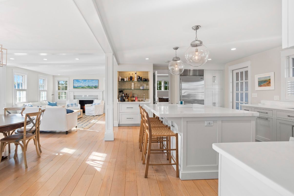 Dining room, Fireplace, Interior, Kitchen, Living room, Pendant Lights, Recessed Lighting, Stainless Steel Appliances, Wood Texture Flooring