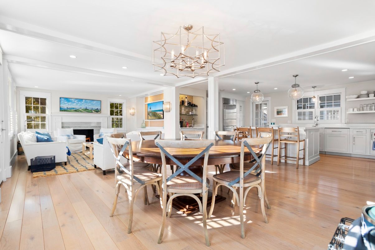 Dining room, Fireplace, Interior, Living room, Pendant Lights, Recessed Lighting, Wood Texture Flooring