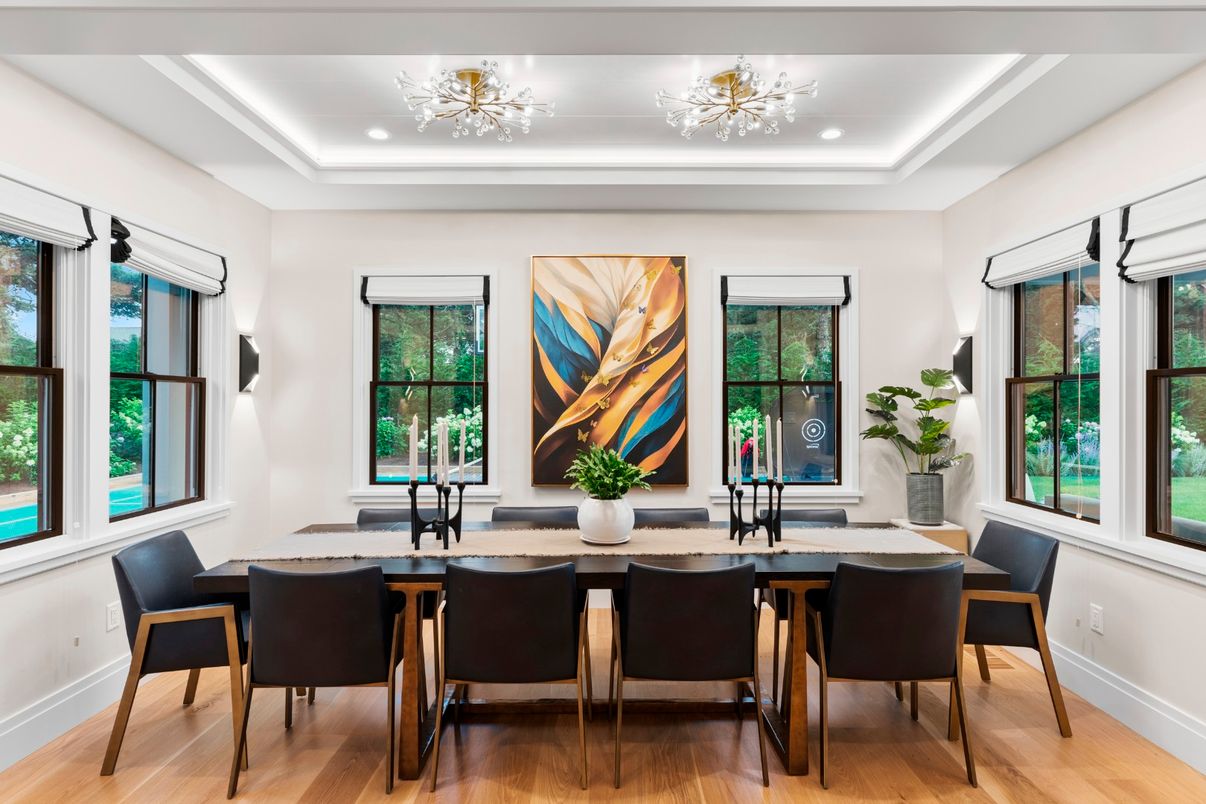 Dining room, Interior, Recessed Lighting, Wood Texture Flooring