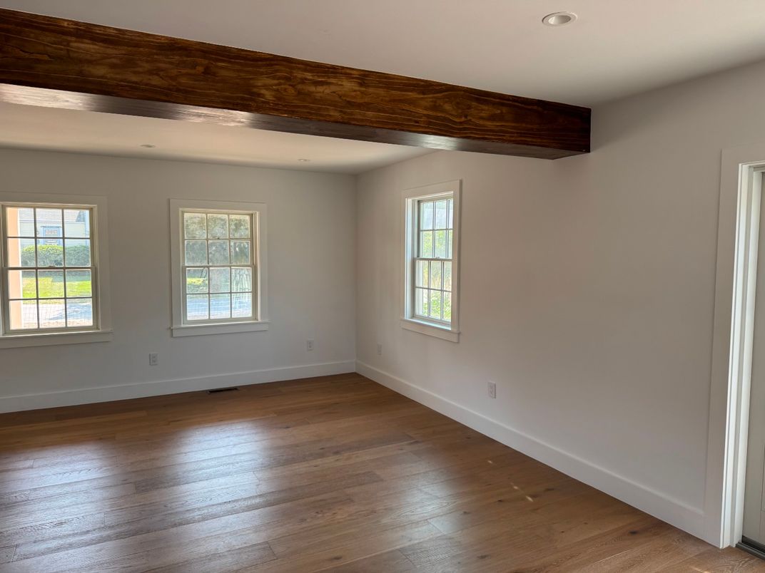Empty room, Interior, Recessed Lighting, Wooden Beams, Wood Texture Flooring